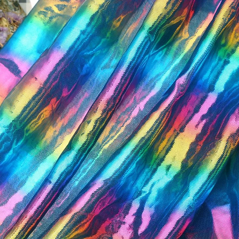 
100% polyester rainbow holographic foil fabric hologram hot stamping foil fabric lycra print foil knit fabric 