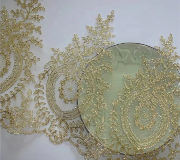 Hot Sale Light Gold Mesh Lace Trim Luxury Embroidery Light Gold Fabric for Wedding Dresses 30cm