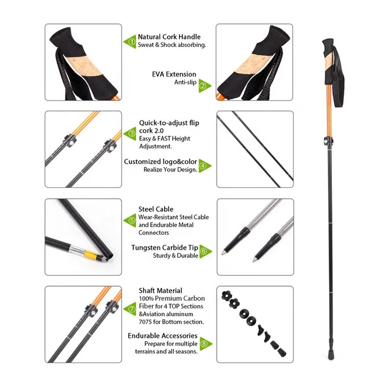 Anti Shock W-Folding Aluminum Fashionable Luxury Foldable Adjustable Nautical Hiking Pole With Quick Inner Lock