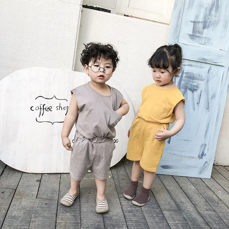 2020, детская одежда, детские однотонные комплекты, футболка без рукавов и шорты, костюм из чистого хлопка