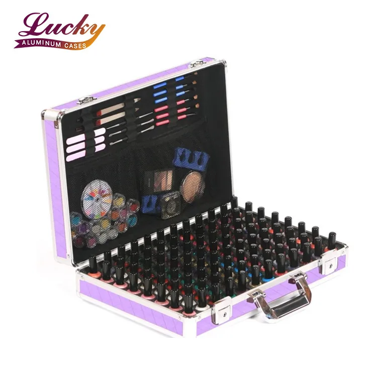 Professional Aluminum Makeup Case Nail Polish Varnish Bottle Beauty Cosmetic Makeup Case Briefcase Box Lilac