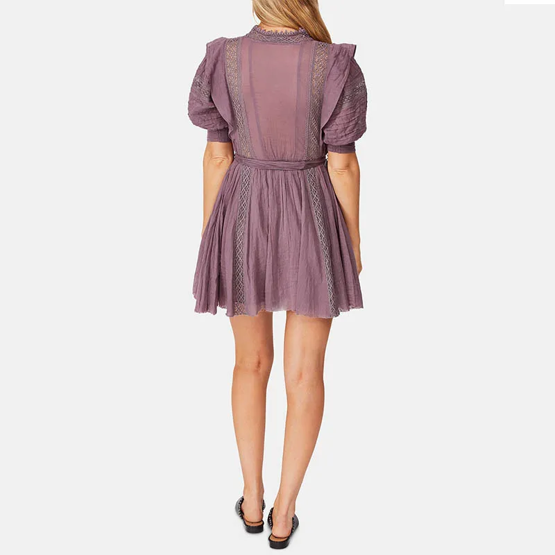 women Sydney Lace Pintucked Dress short sleeves straight hem Button front closure self-tie belt ruffles over shoulders dress