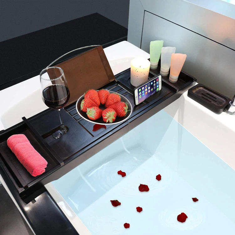 Luxury Black color Bath Bamboo Wooden Bathtub Caddy Tray