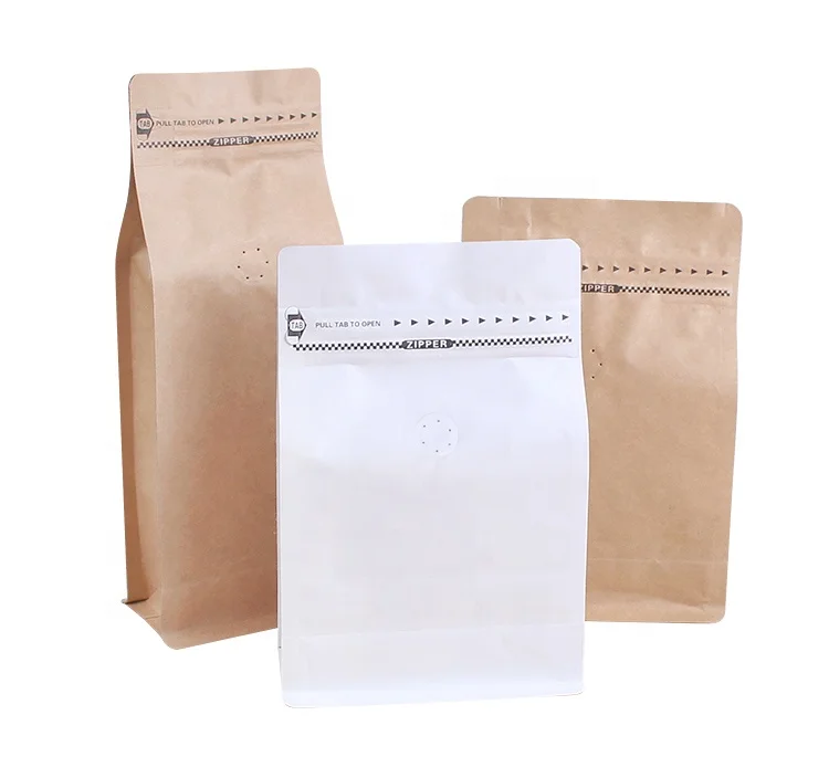 100g 250g 500g 1kg Biodegradable Stock Flat Bottom Brown Kraft Paper Coffee Bean Bags With Valve And Ziplock