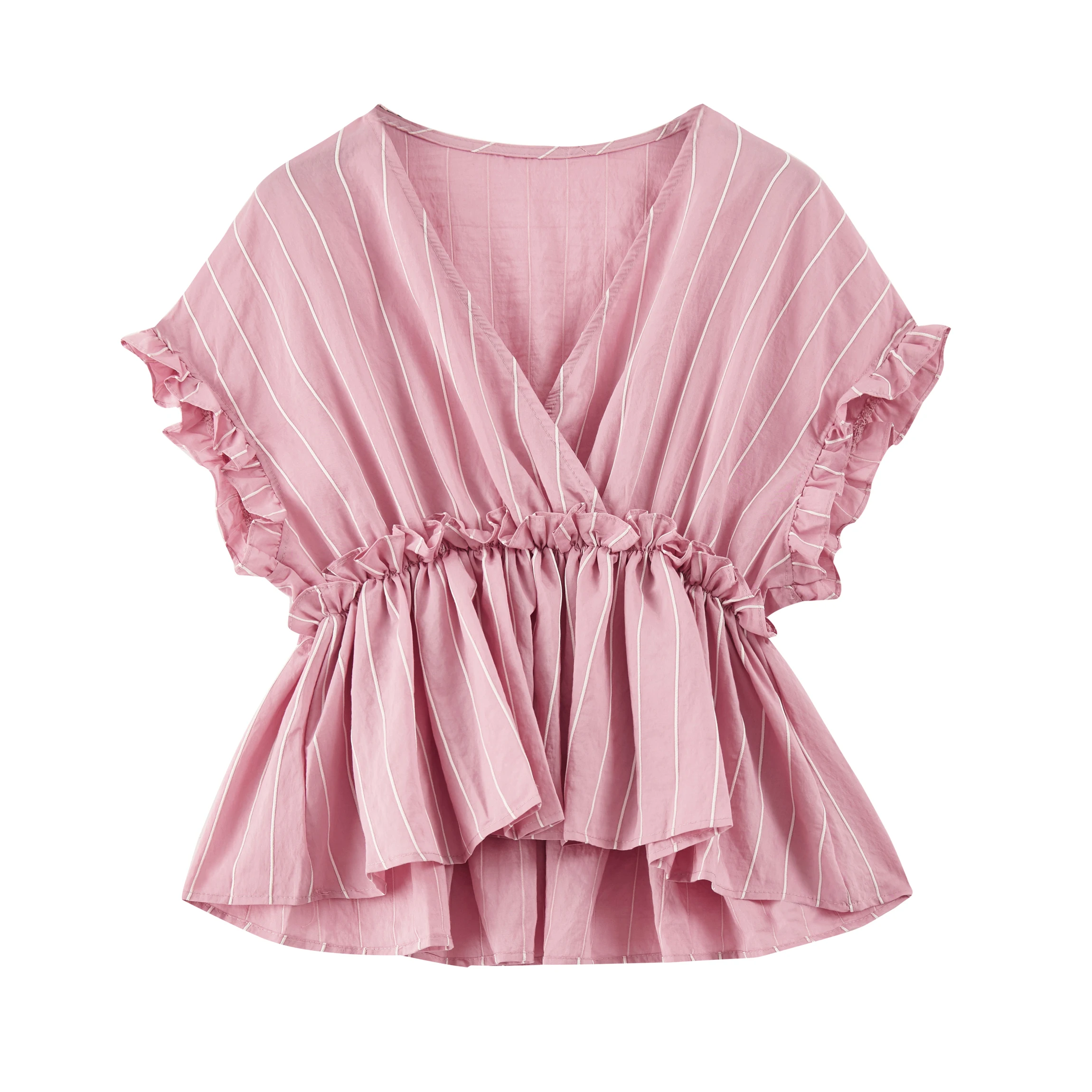 Different Design Custom Ruffled Collar One Shoulder Sky Blue Stripes Women Blouse