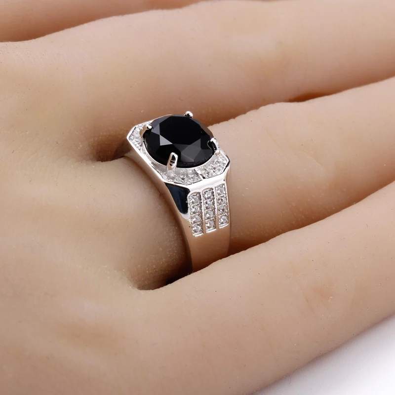 Wholesale Trendy 925 Sterling Silver Men Ring Black Stone with Small Cubic Zircon,Fashion Gemstone Rings For Men Women Jewelry