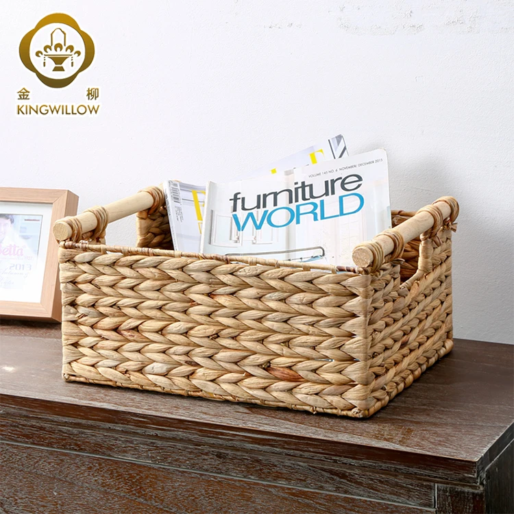Hot selling  water hyacinth storage basket  bin basket with Wooden handles