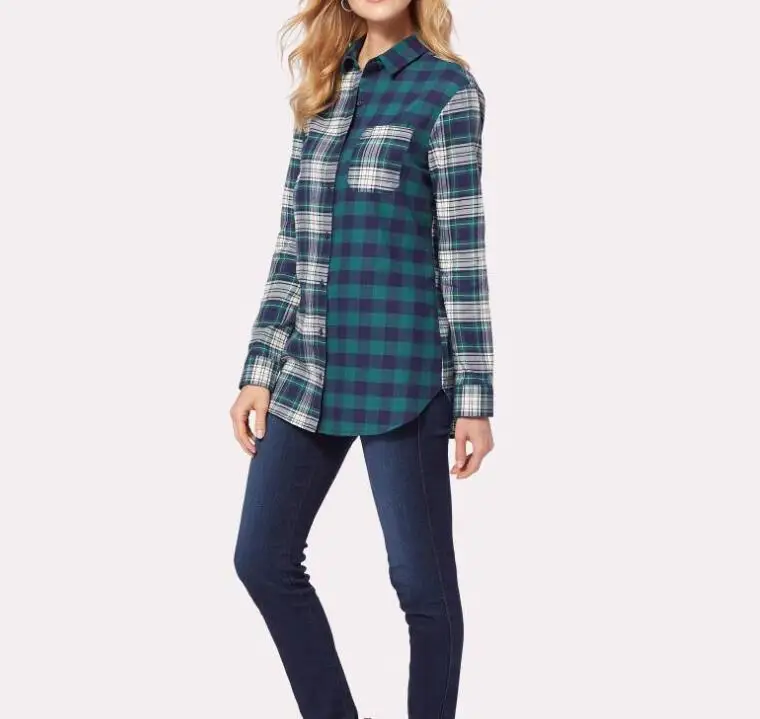 Wholesale Newly Factory Manufacturer Women Plaid Shirts Two Tone Color Flannel Shirt Shirt / Blouse for Women Custom Designs
