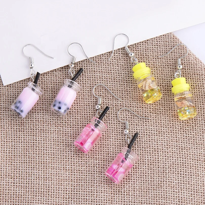 Fashion Candy Color  Lovely Fruit Milk Tea Drink Charm Bottle Resin Drop Earrings Yellow Lemon Cup Dangle Earring For Girls
