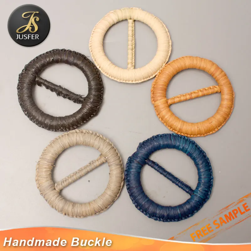 New Design round metal hand weaving belt buckle with raffia