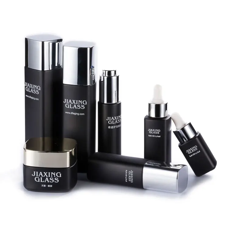 Luxury 15ml 30ml 40ml 100ml empty square spray pump black cosmetic face lotion cream glass bottle jar packaging set