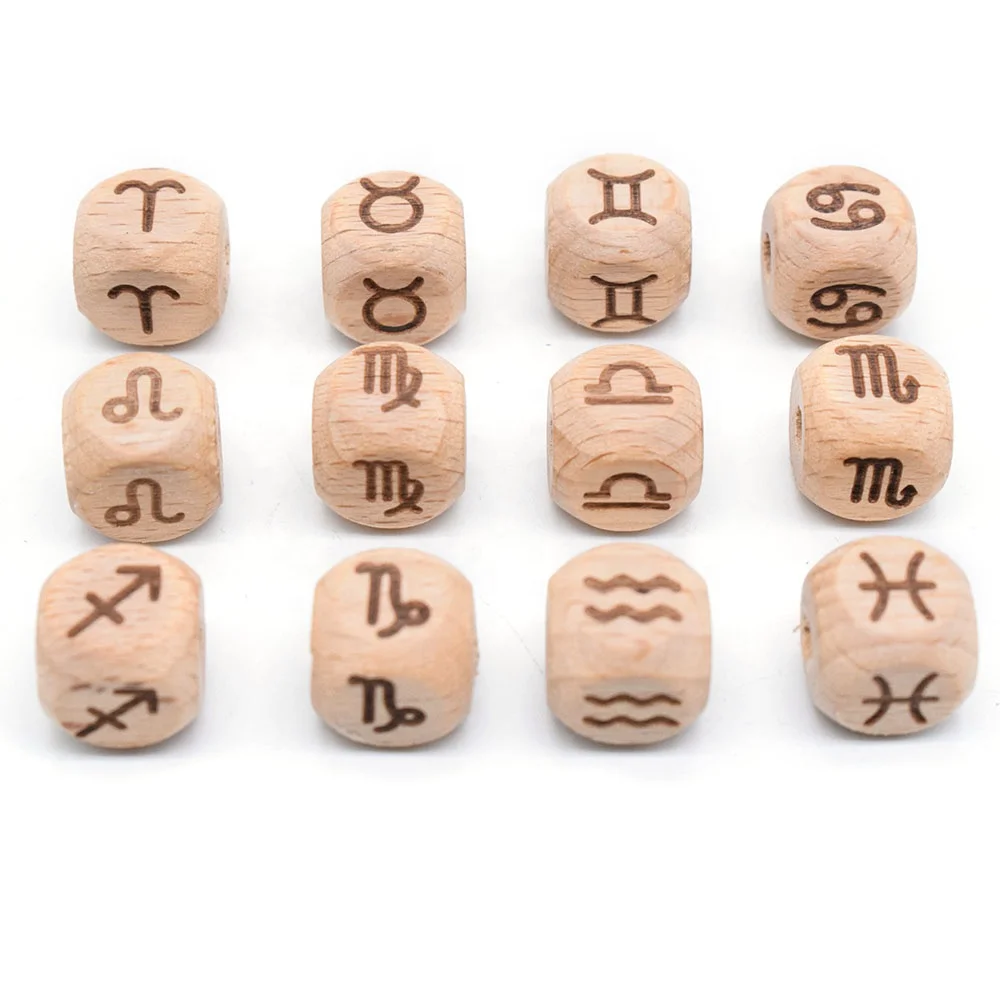 Organic Beech Wood Square Cube Zodiac  Beads Wooden Beads Teether Making 12mm