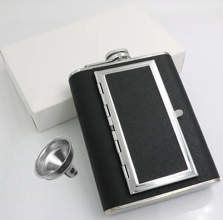 Leak-proof 6ounce Stainless Steel Hip Flask with Cigarette Case and Leather Wrapped Cover with Funnel