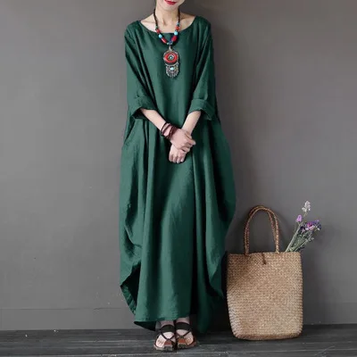 Wholesale Fashionable Personalized Soild Color Plus Size Long Sleeve Boho Dress Cotton Casual Loose Maxi Dresses