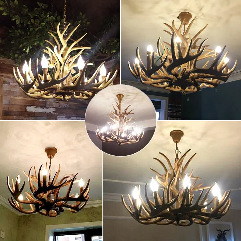 Nordic antique deer antler resin kitchen decorative candle LED pendant lighting rustic ceiling wooden chandelier