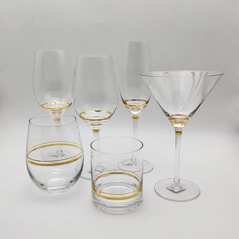 Hand Blown Clear Wine Glass Set with Gold Decor for Bar and Home