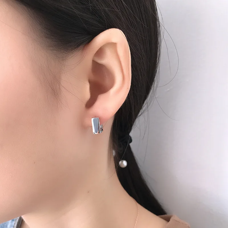 Pure 925 Silver European American New Design Creative Concise Geometric Stud Earrings Fine Jewelry