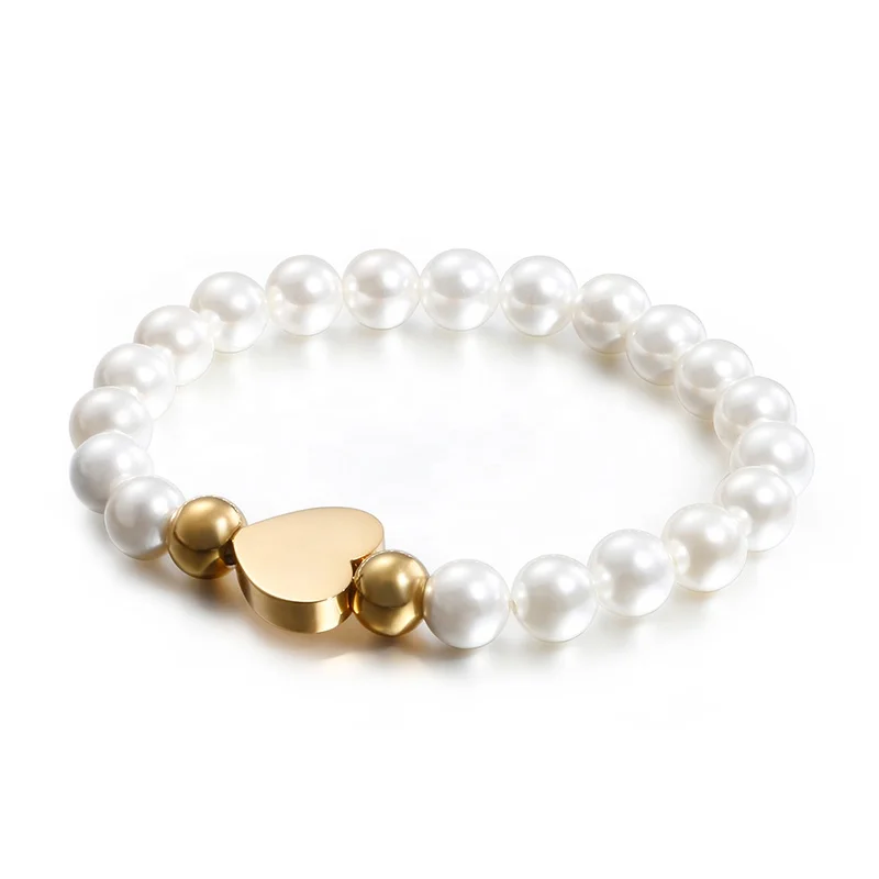 New Bulk Cheap Stainless Steel Gold Heart Charm Women Elastic 8mm Pearl Bracelet