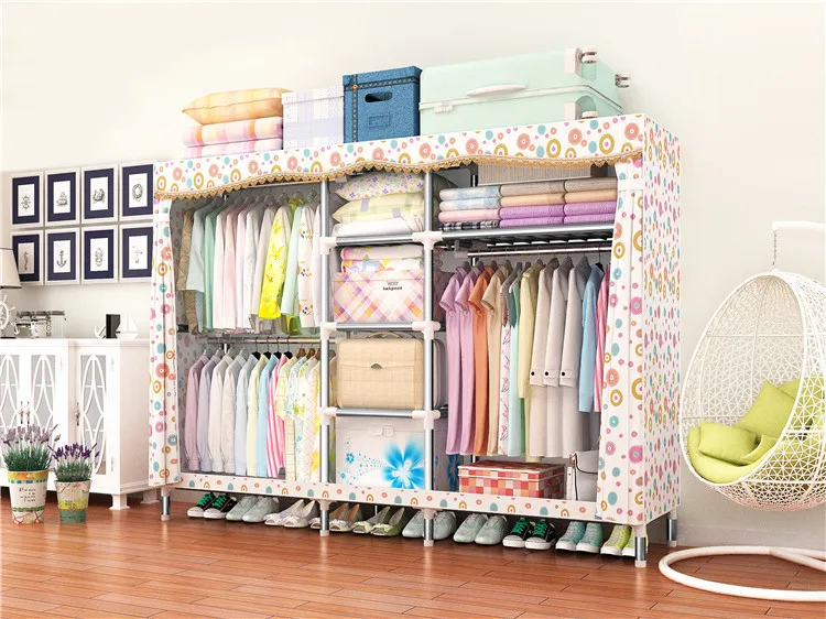 
Modern fashion big size portable 25mm steel tube frame cloth wardrobe with colorful fabric 7766 