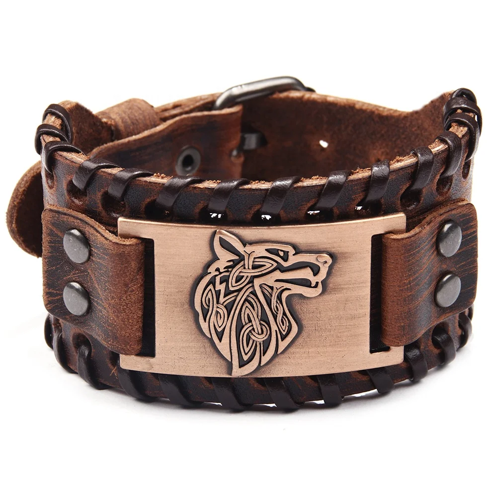 Wholesale  Genuine Leather Wolf Head Piece Bracelet for men women,Custom Animal Shape Embossed Bracelet