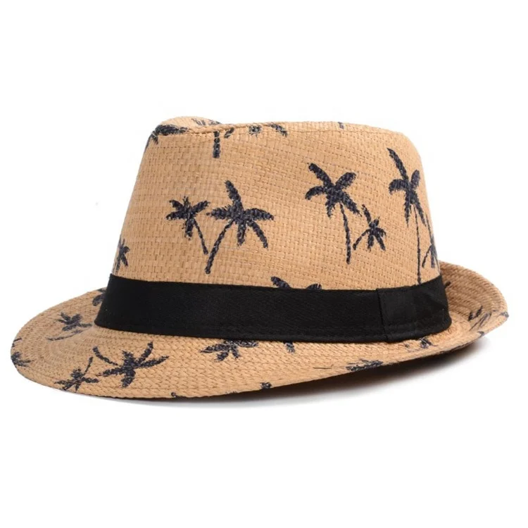 paper straw Coconut tree printed fedora hat sun hat beach hat