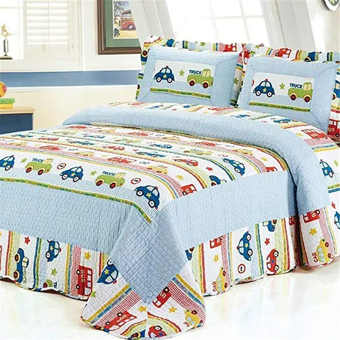 3-Piece Boys Multi Color Transportation Themed Quilt Bedspread Car Trucks Vehicles Printed Bedding,Reversible Kids Bedding Set