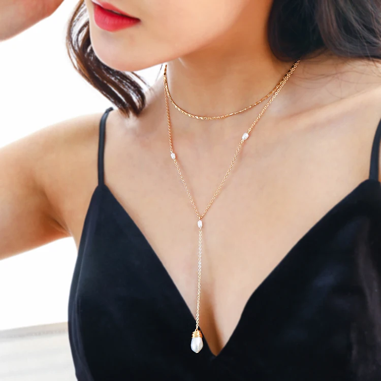 Elegant Long Gold Layered Wire Wrapped Baroque Pearl Choker Necklace