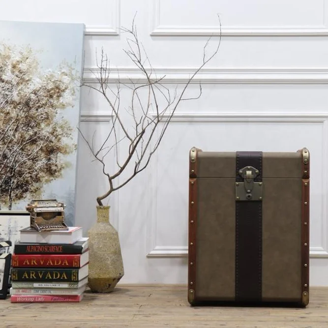 vintage PU exterior aviator range side table with wooden trimed