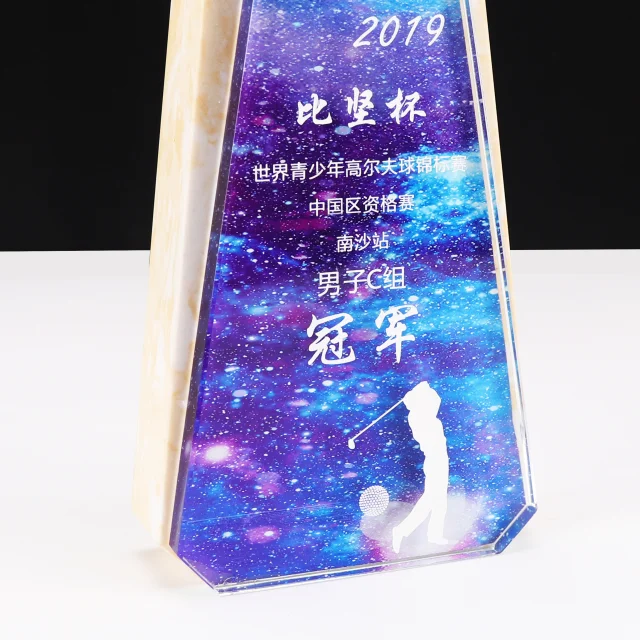 
2019 new design crystal and marble award color printing glass trophy 