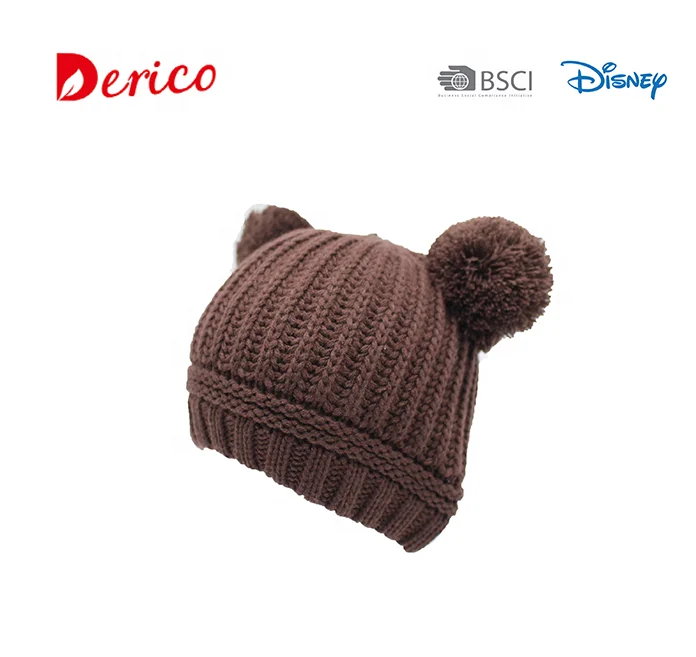 Fashion winter recycled fabric knitted kids beanie with bear pompon cute hat