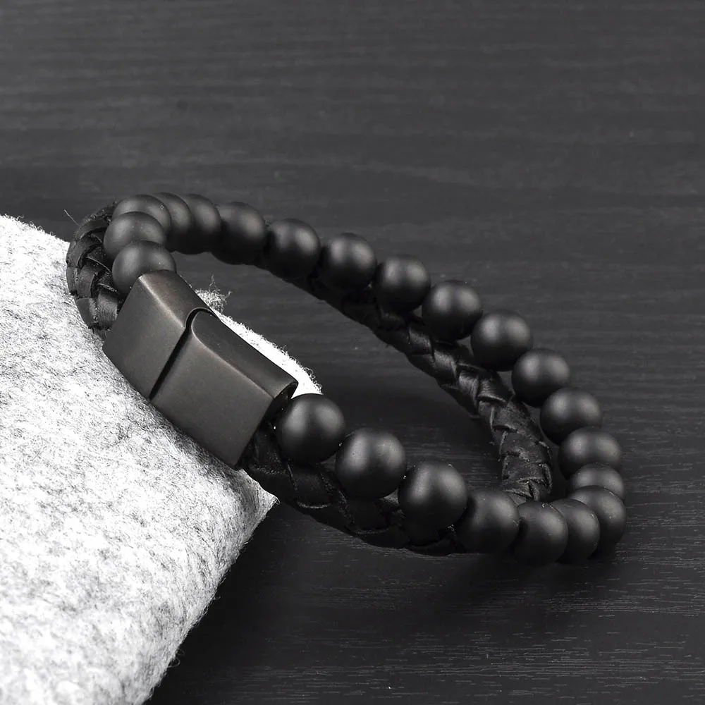 
Fashion Jewelry Black Leather Round Stone Bead Design Cool Bracelets For Boys 