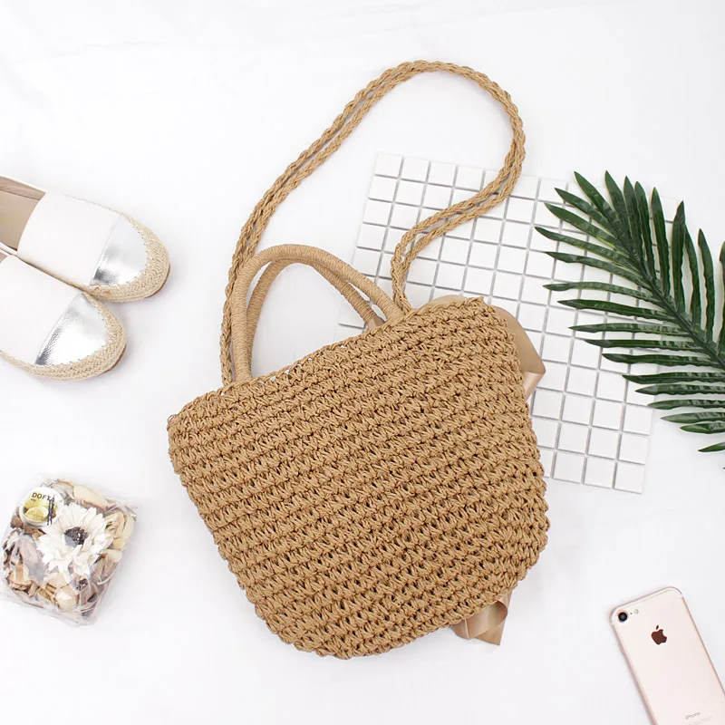 Summer Beach Straw Bag Handmade Hollow Out Women Drawstring Handbag Hand Bag Wholesale