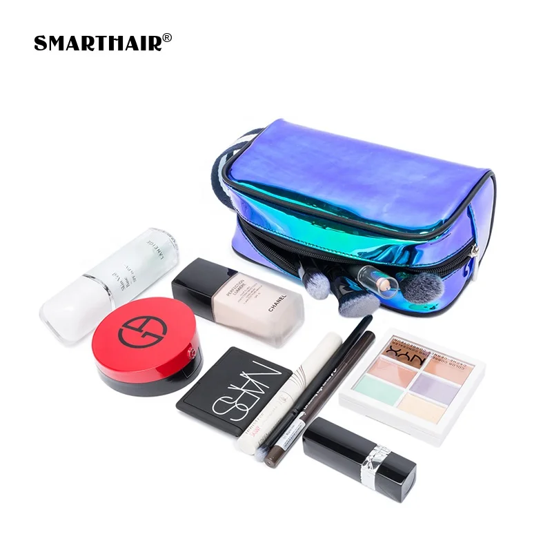 
Korean Blue Custom Make Up Holographic Makeup Bag Hologram With Glitter Zipper Rainbow Iridescent TPU Cosmetic Bag Wholesale 