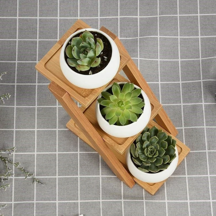 3 Tier Plant Stand Square Bamboo Wooden Tray Stand Cactus Flower Pots Planter Holder