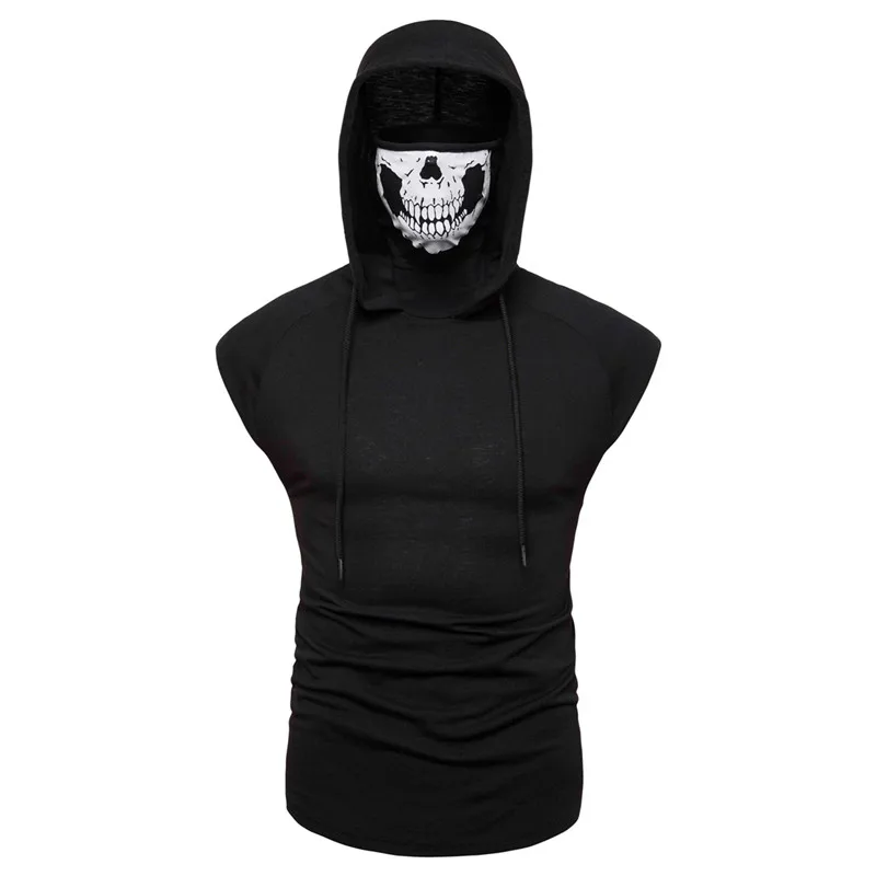 Custom Men Kangaroo Pocket Sleeveless Hoodie With Skull face cover