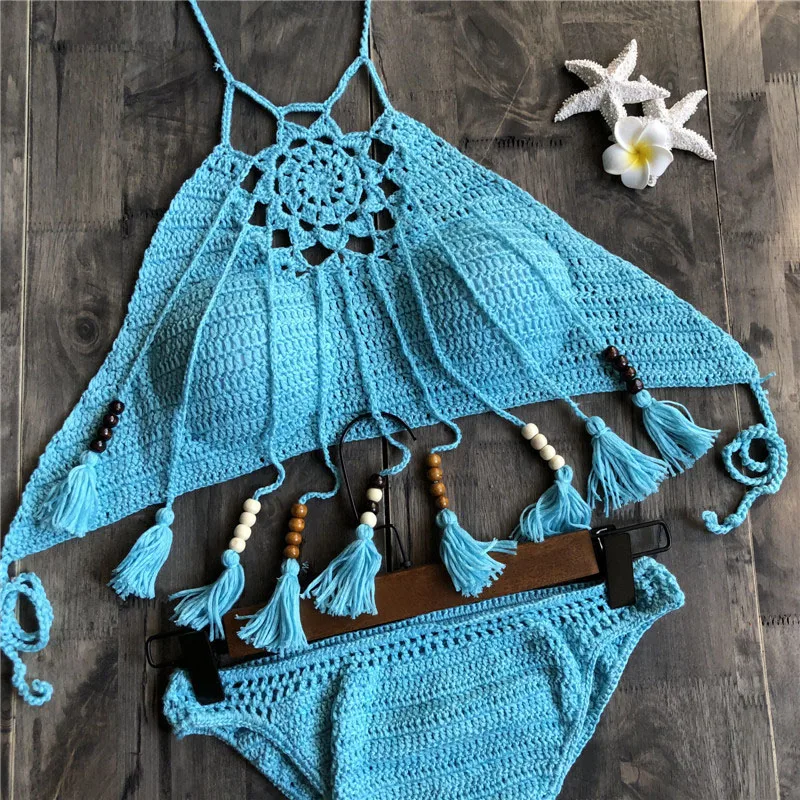
Hot sale high quality Australian fashion GIRL SEXY beachwear handmade tassel halter swimsuit tops crochet women bikini 