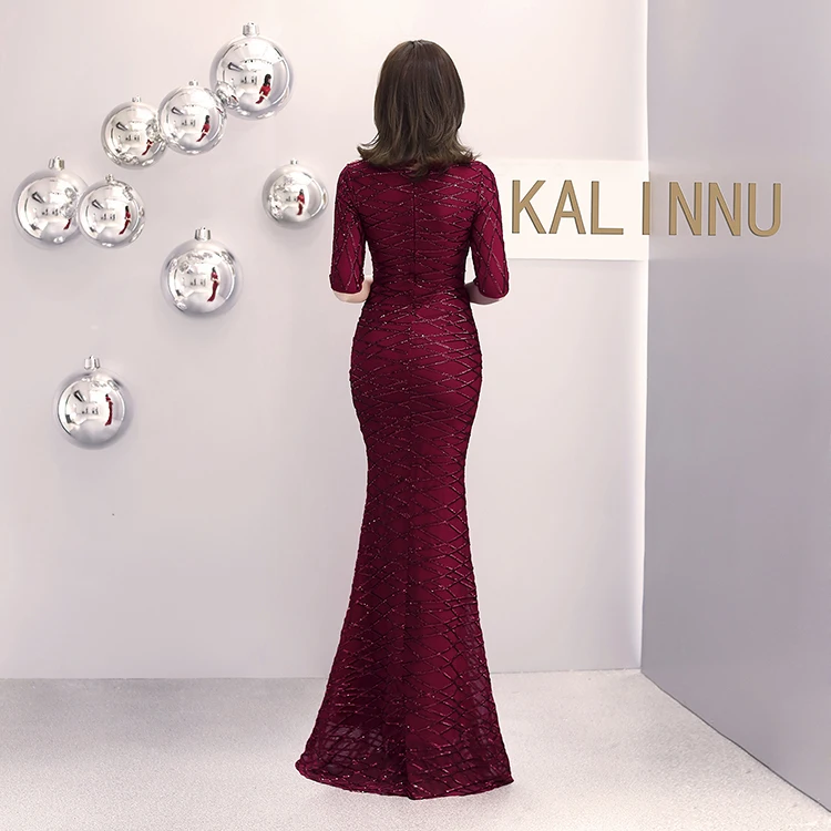 16001#European and American Classical Fashion Long Sleeve Pearl Fillet Fishtail Evening Dress Banquet Dress  bobtail; evening we