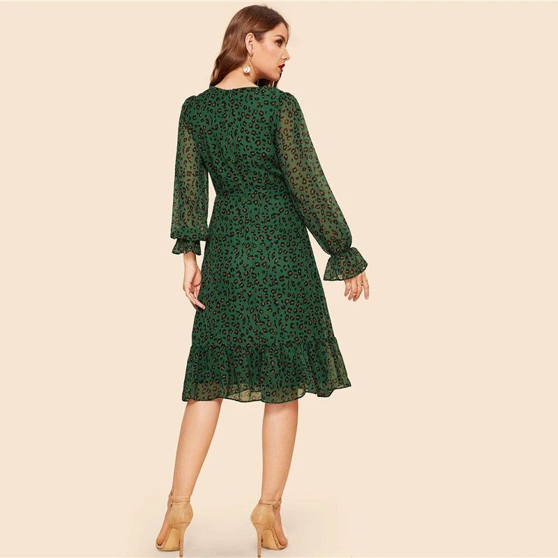 Vintage Keyhole Neck Flounce Sleeve Leopard Dress Elegant Fit and Flare Dress 2019 Spring Ladies High Waist Midi Dress
