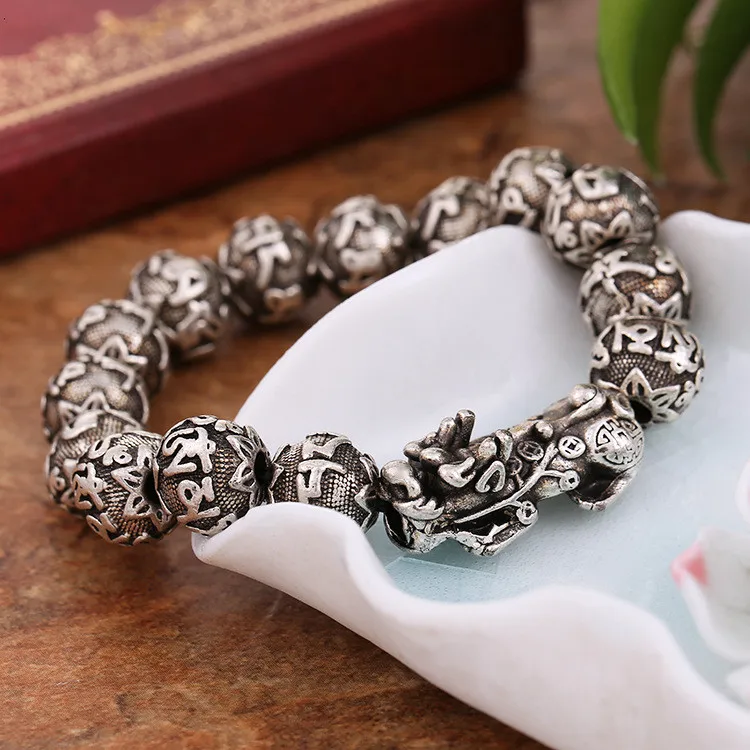 Wholesale High Quality Antique Silver Feng Shui Lucky Pixiu Bracelet Obsidian Beads Cuff Bracelet for Men Women