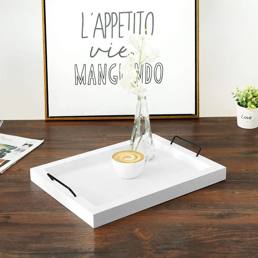 Set of 2 Country Rustic Vintage White Decorative   Wood Rectangular Nesting Serving Trays With Metal   Handles