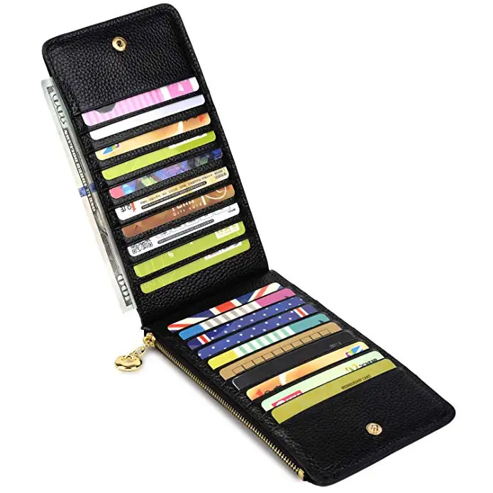 Womens Wallet Blocking Bifold Multi Card Case Litchi Thin Wallet with Zipper Pocket