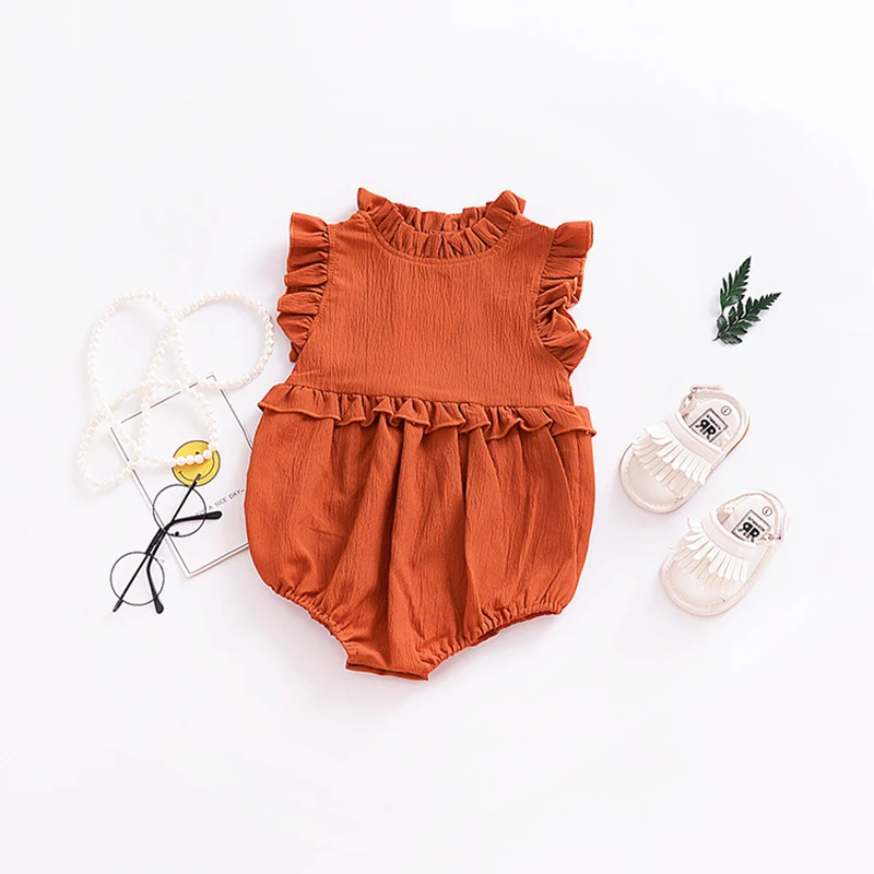 
Custom solid color Infant summer cotton lace collar sleeveless baby clothes romper girls 