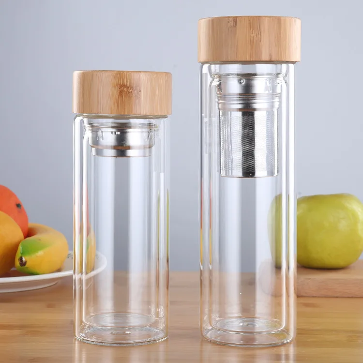 Double wall customized borosilicate glass bottle with stainless steel infuser and bamboo cap Insulated tea infuser bottle 450ml