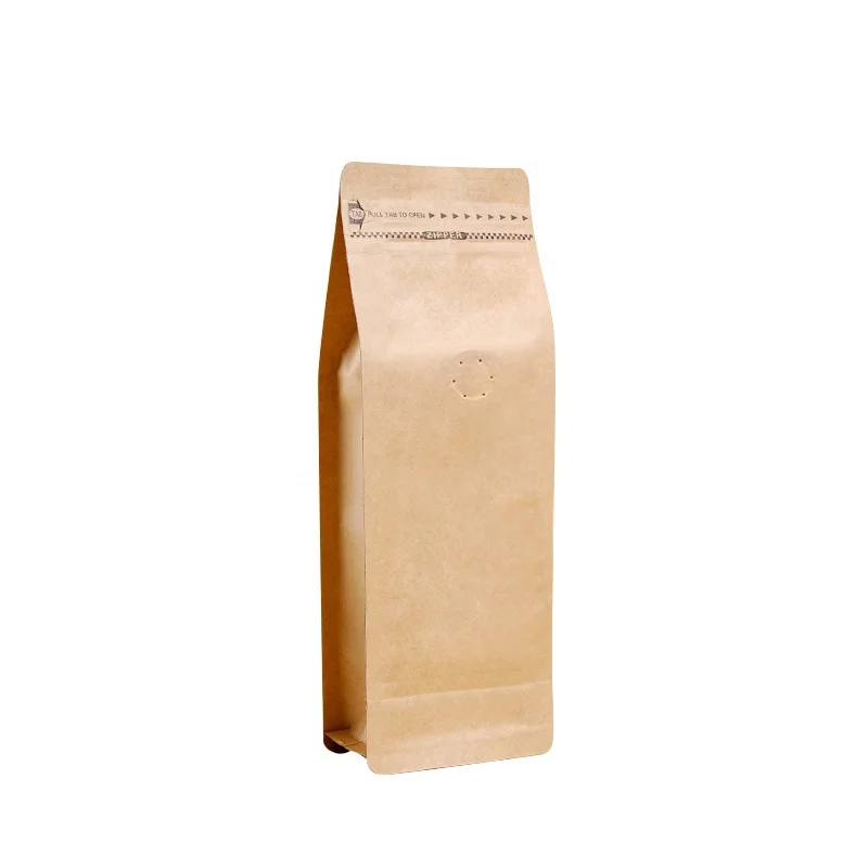 100g 250g 500g 1kg Biodegradable Stock Flat Bottom Brown Kraft Paper Coffee Bean Bags With Valve And Ziplock