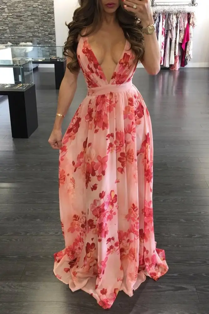 
Long dress chiffon new style women digital printed V-Neck sleeveless floral print chiffon maxi dresses 