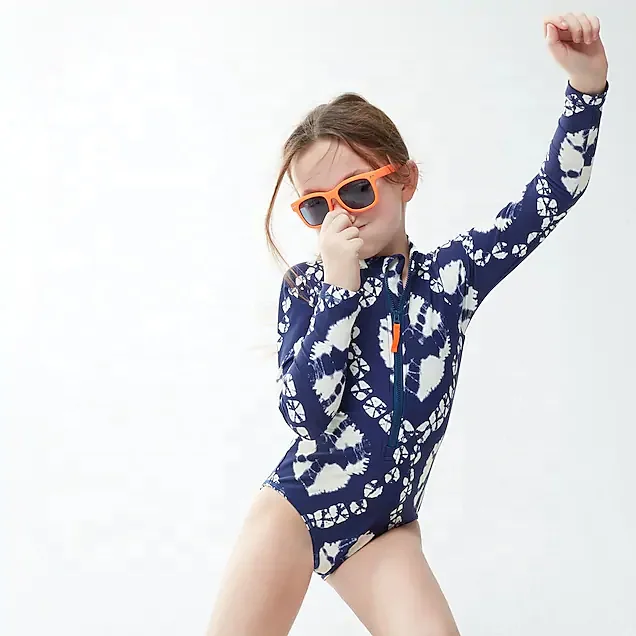 
Factory High quality custom printed one piece long sleeve rash guard with zipper spandex swim wear child girls swimwear kids 