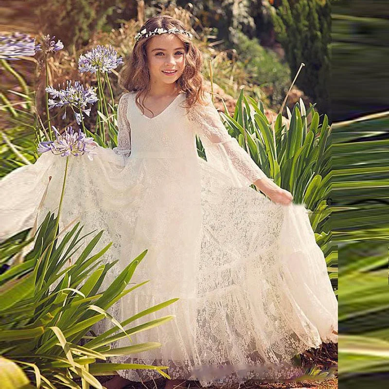 V Neck Ivory Bohemian Lace Children Flower Girl Dress