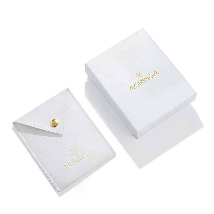 Custom logo printed Golden button closure bag luxury white envelope flap gift jewelry pouch leather with box