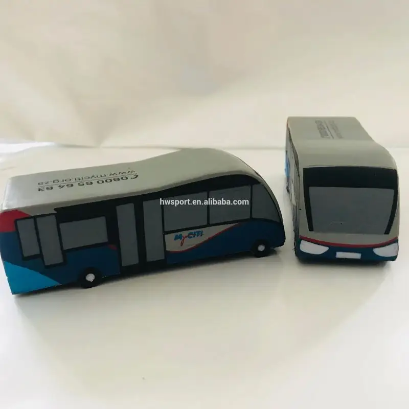 Promotional PU foam squeeze anti stress school bus with advertising logo printed cheap car shaped toys for kids games