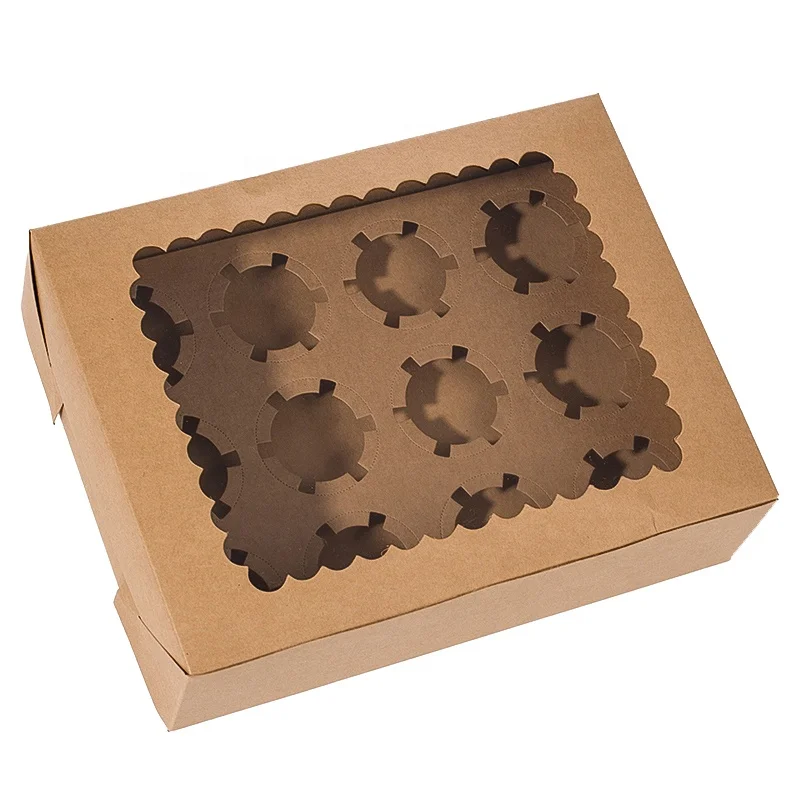 Kraft Paper 3 cavity Cupcake Boxes With clear window